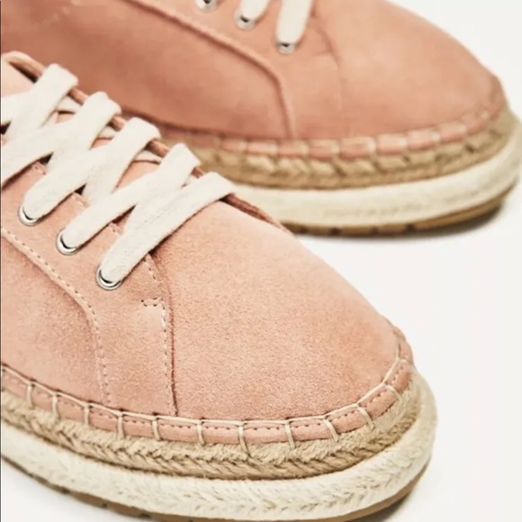 Zara TRF Women Split Suede Bluchers Flat Lace-up  Espadrille Sneakers Pink 5 - Picture 3 of 5